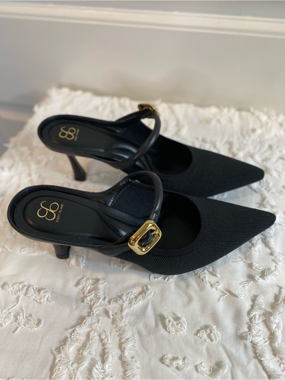 New!  Black Pointed Slingback Heels with Gold Buckle Accent - Picture 4 of 10